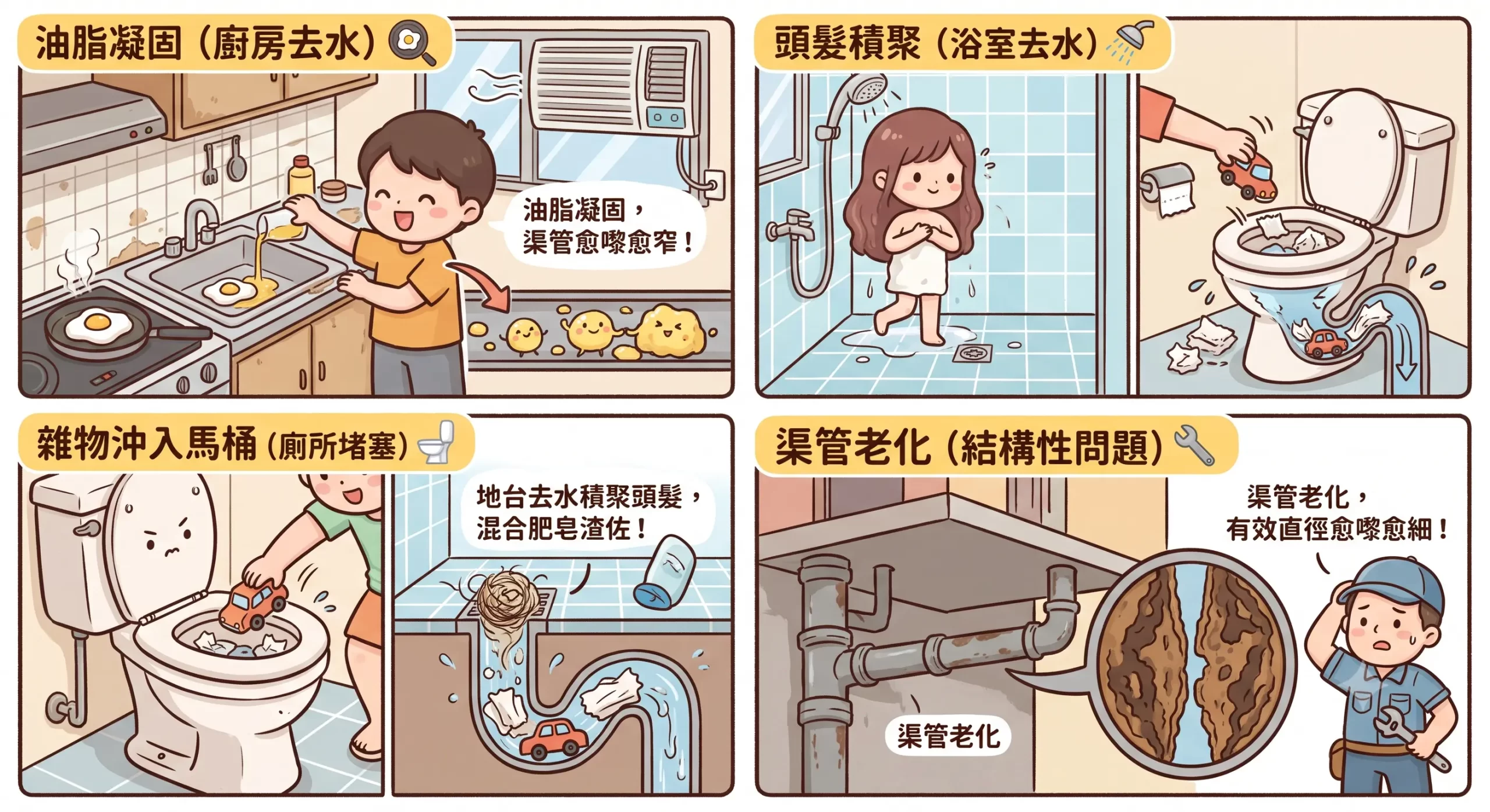 公屋塞渠常見原因圖解 - 油脂凝固、頭髮積聚、雜物沖入馬桶、渠管老化