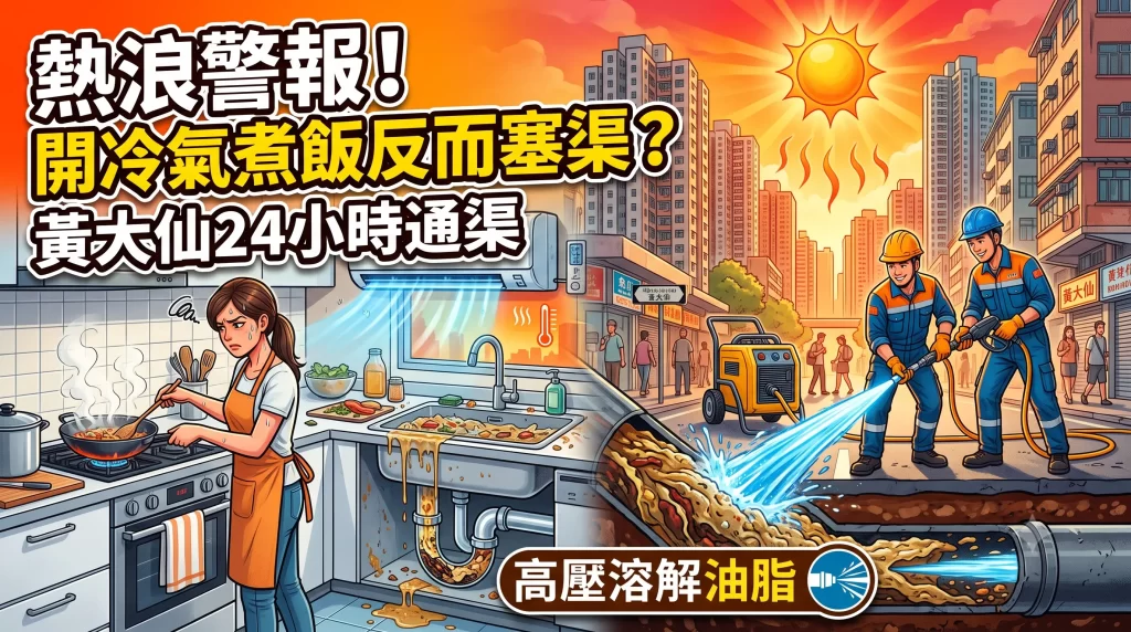 夏天塞渠, 熱浪塞渠, 開冷氣塞渠, 廚房油脂凝固, 黃大仙通渠, 慈雲山通渠, 新蒲崗通渠, 樂富通渠, 鑽石山通渠, 高壓水槍通渠, 油脂堵塞, 鋅盆去水慢, 通渠不成功不收費, 夏日通渠, 冷氣房煮飯